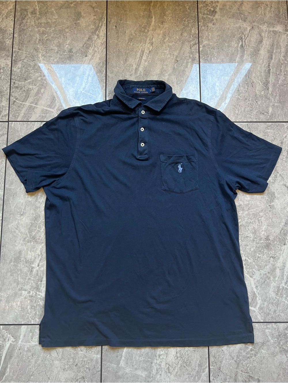 Polo Ralph Lauren Mens Navy Blue Classic Fit Pocket Polo Shirt Large L SS